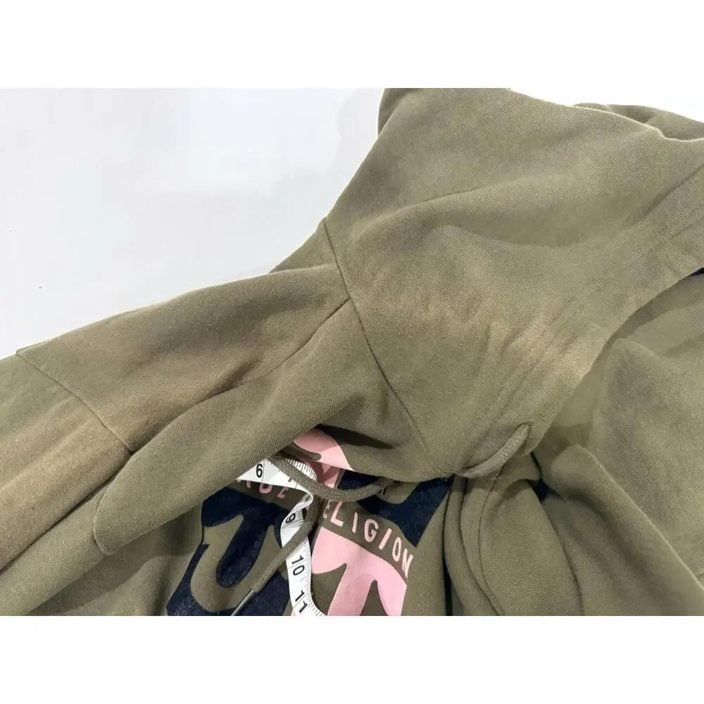 True Religion Army Green And Pink Logo Cropped Hoodie Sweatshirt- Size Small - Picture 9 of 9